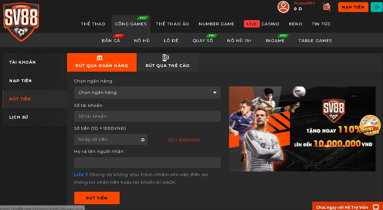 hướng dẫn rút tiền tại sv88